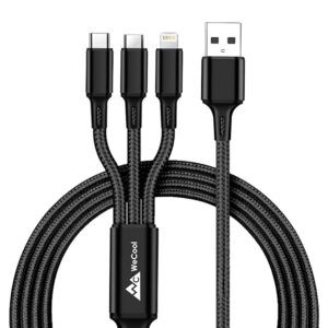 Wecool Nylon Braided 3 in 1 charging cable | Fast charging USB Cable with 3 Ports -Type C, Lightning, Micro USB Port| Multi pin charging cable - Compatible with iPhone,iPad & Smart Phones-1.2 Mtr