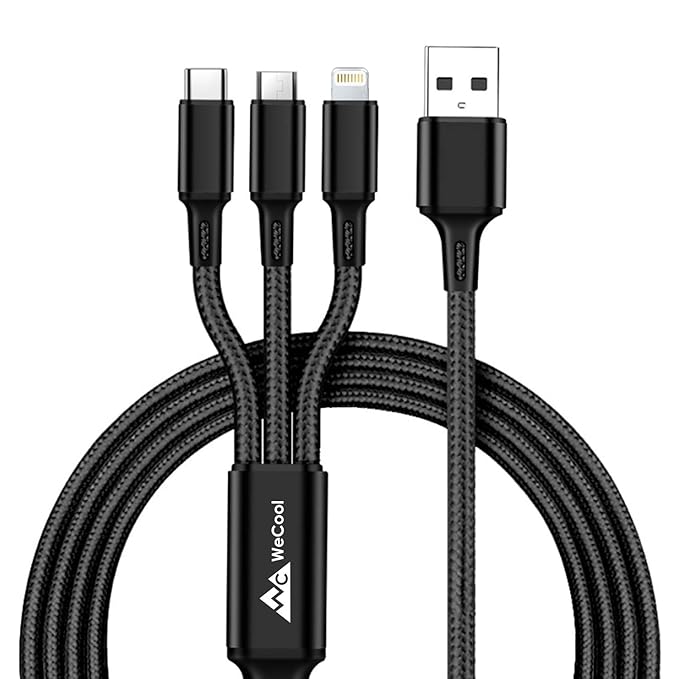 Wecool Nylon Braided 3 in 1 charging cable | Fast charging USB Cable with 3 Ports -Type C, Lightning, Micro USB Port| Multi pin charging cable - Compatible with iPhone,iPad & Smart Phones-1.2 Mtr