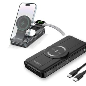 Promate Powerpack-Fold 5 in 1 Magsafe Power Bank, 10000mah 15W Foldable Wireless Powerbank - iPhone 15/15+/15 Pro/15 Pro Max, 14/14+/14 Pro/Max, Apple Watch, Air Pods, 18W USB QC 3.0 Port, 20W USB-C