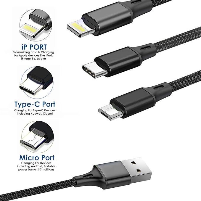 Wecool Nylon Braided 3 in 1 charging cable | Fast charging USB Cable with 3 Ports -Type C, Lightning, Micro USB Port| Multi pin charging cable - Compatible with iPhone,iPad & Smart Phones-1.2 Mtr - Image 4