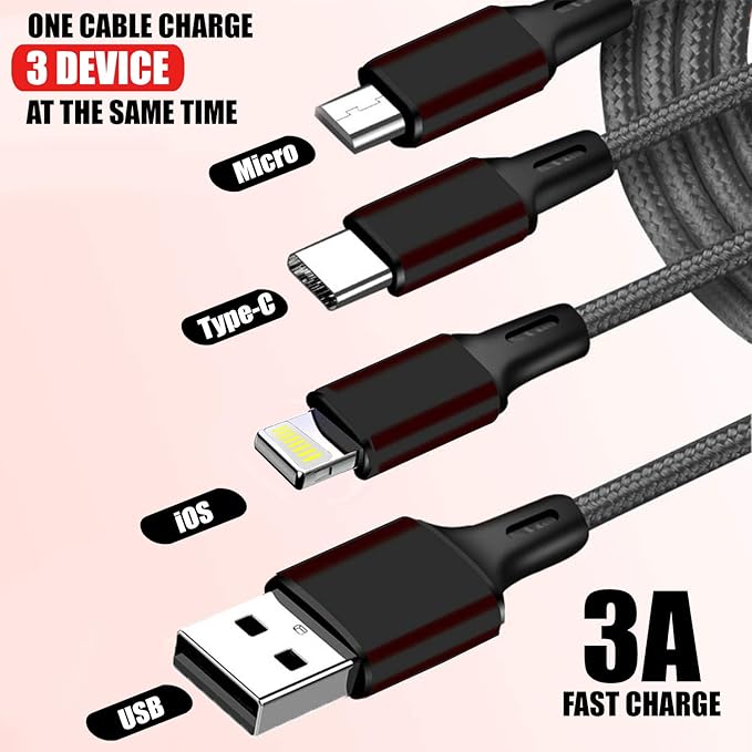 Wecool Nylon Braided 3 in 1 charging cable | Fast charging USB Cable with 3 Ports -Type C, Lightning, Micro USB Port| Multi pin charging cable - Compatible with iPhone,iPad & Smart Phones-1.2 Mtr - Image 6