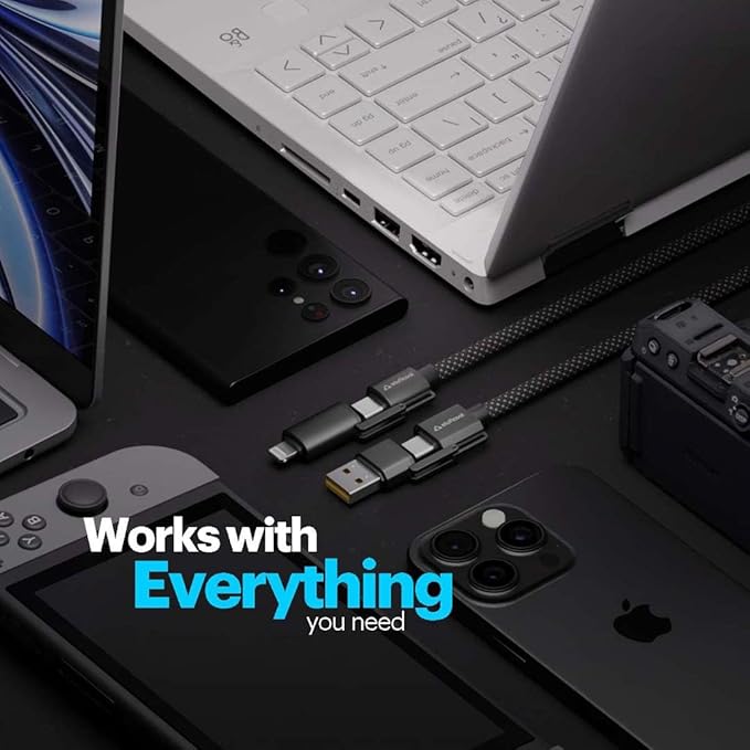 Stuffcool Quad Pro Black 4 in 1 Metal Braided Cable 1.5m 100W Rugged E-Marker chip, case friendly design with lightning to type C, type C to C, Lighting to type A best for iPhones, Macbooks,Laptops - Image 3