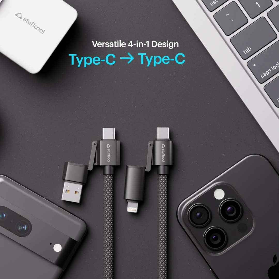 Stuffcool Quad Pro Black 4 in 1 Metal Braided Cable 1.5m 100W Rugged E-Marker chip, case friendly design with lightning to type C, type C to C, Lighting to type A best for iPhones, Macbooks,Laptops - Image 4