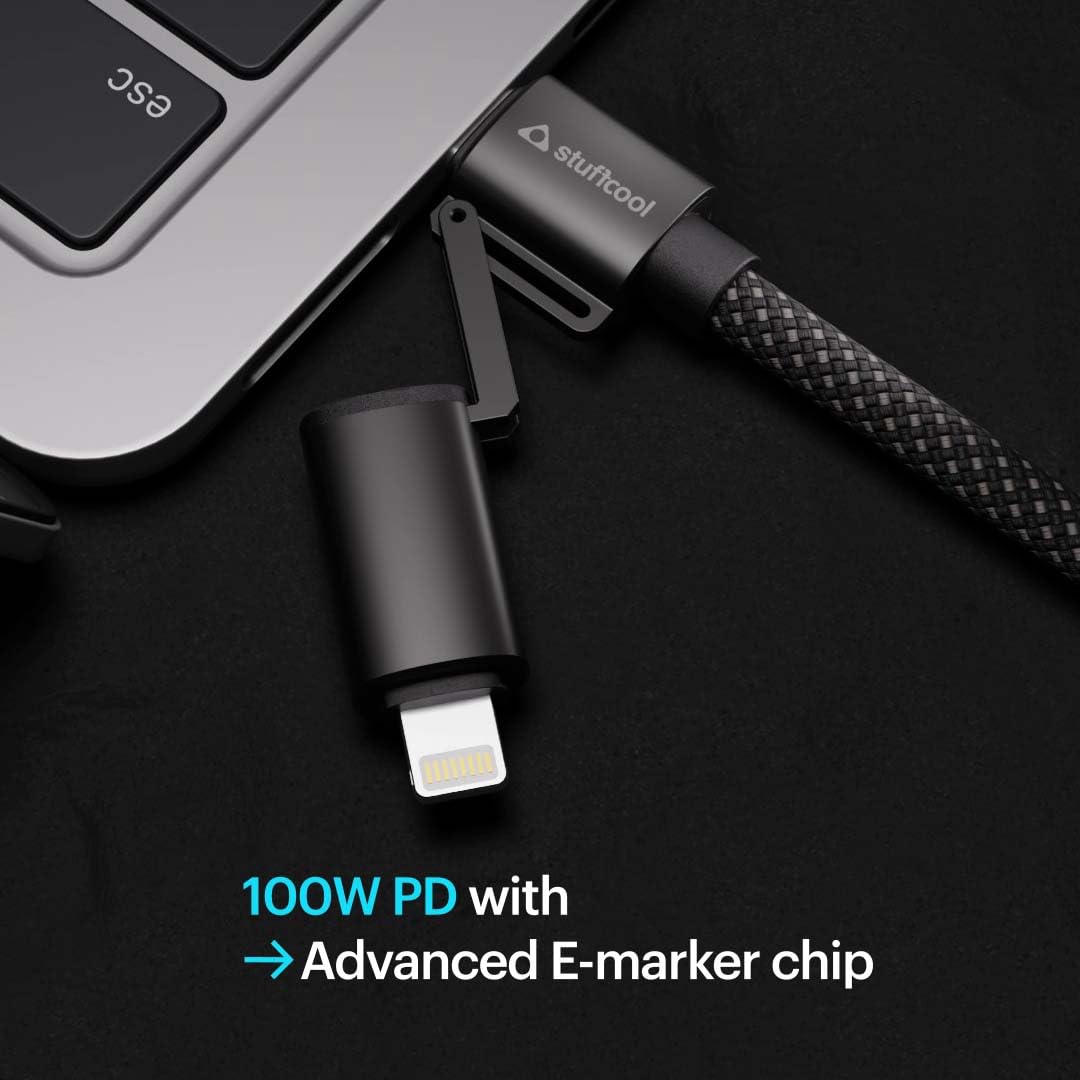 Stuffcool Quad Pro Black 4 in 1 Metal Braided Cable 1.5m 100W Rugged E-Marker chip, case friendly design with lightning to type C, type C to C, Lighting to type A best for iPhones, Macbooks,Laptops - Image 6