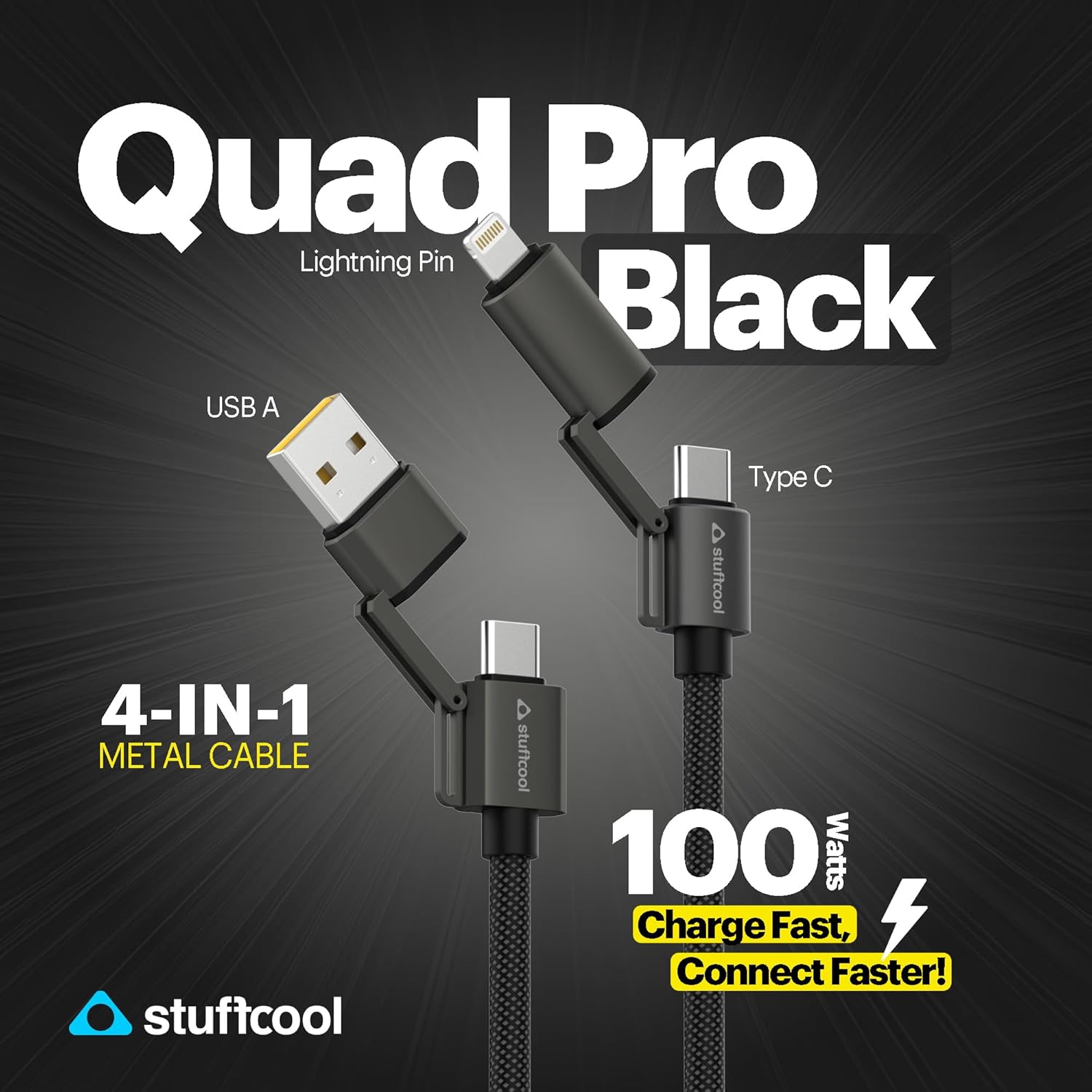 Stuffcool Quad Pro Black 4 in 1 Metal Braided Cable 1.5m 100W Rugged E-Marker chip, case friendly design with lightning to type C, type C to C, Lighting to type A best for iPhones, Macbooks,Laptops - Image 7
